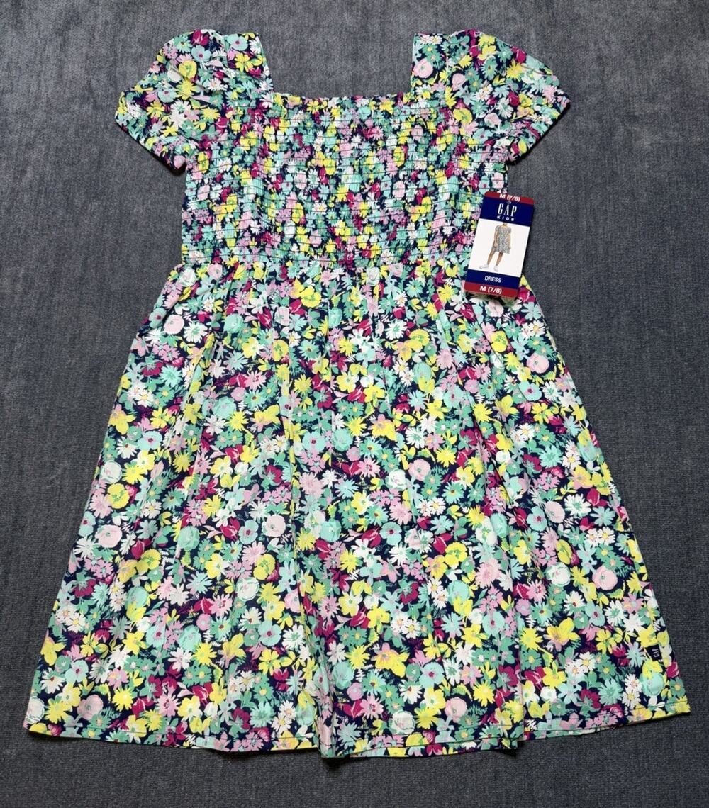 NWT Gap Knee Length Smocked Dress Girls M (7/8) Multicolor Floral Short-Sleeve
